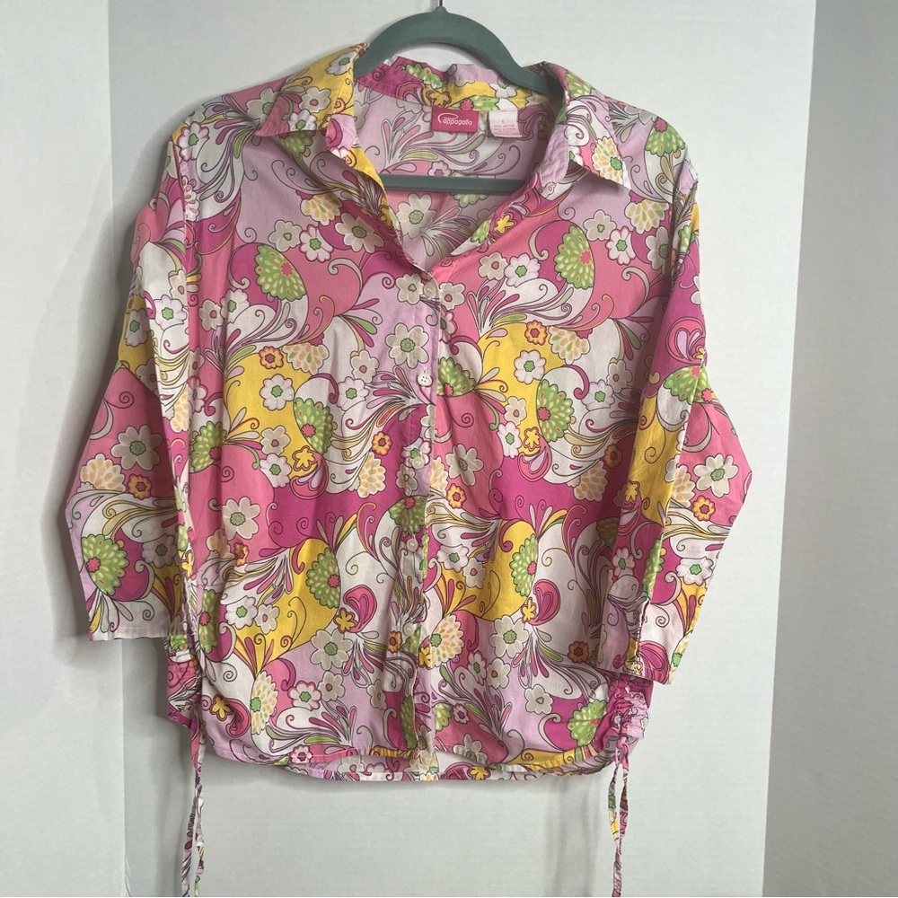 Cappagallo Women’s Floral Button Up Blouse Top Large Cotton Paisley